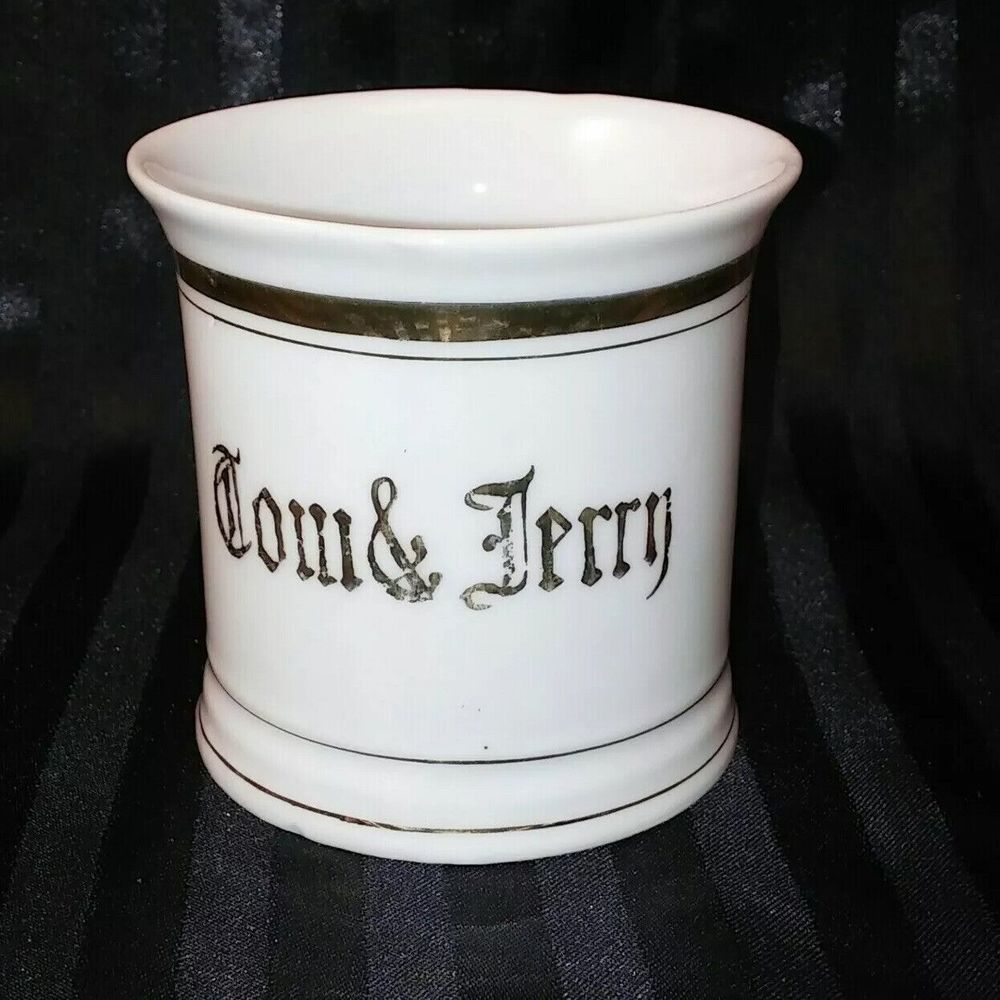 Vintage Occupational Small Shaving Mug White Gold Trim Bonding Tom & Jerry 8 oz.